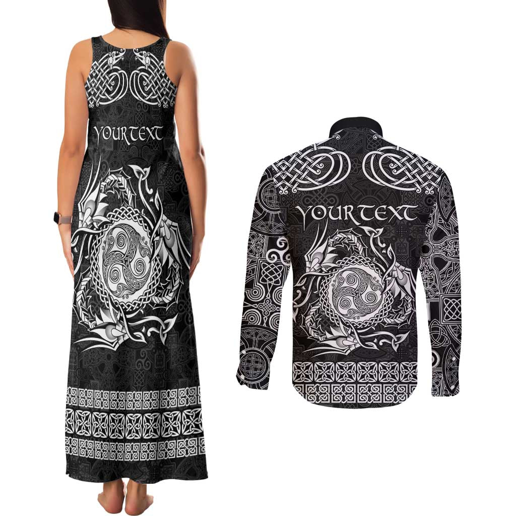 Personalized Montgomeryshire Sir Drefaldwyn Couples Matching Tank Maxi Dress and Long Sleeve Button Shirt Black Water Triskele Celtic-inspired - Wonder Print Shop