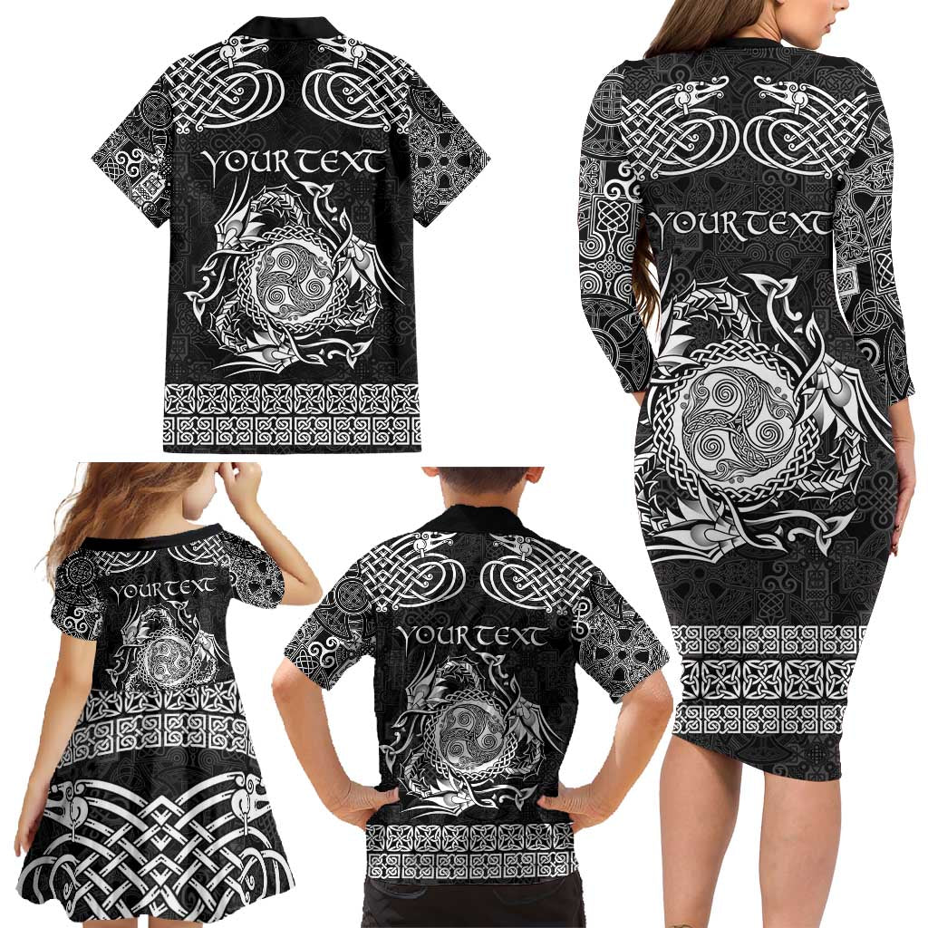 Personalized Montgomeryshire Sir Drefaldwyn Family Matching Long Sleeve Bodycon Dress and Hawaiian Shirt Black Water Triskele Celtic-inspired - Wonder Print Shop