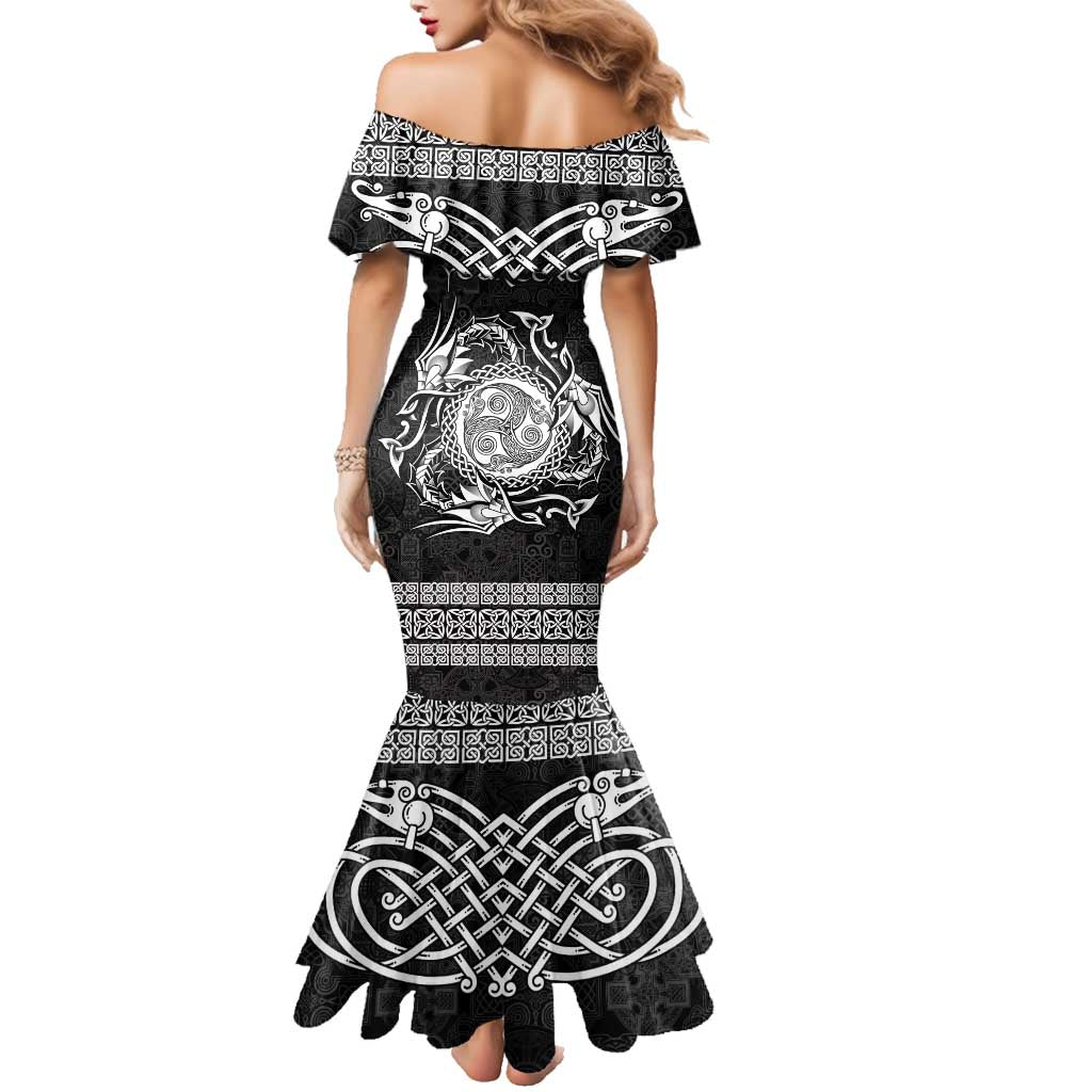 Personalized Montgomeryshire Sir Drefaldwyn Family Matching Mermaid Dress and Hawaiian Shirt Black Water Triskele Celtic-inspired - Wonder Print Shop