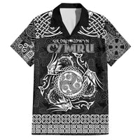 Personalized Montgomeryshire Sir Drefaldwyn Family Matching Off The Shoulder Long Sleeve Dress and Hawaiian Shirt Black Water Triskele Celtic-inspired - Wonder Print Shop