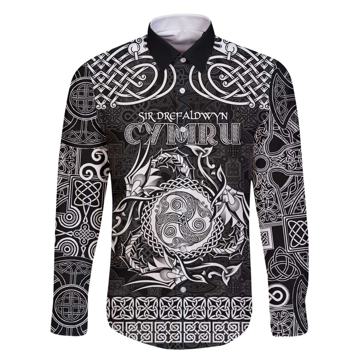 Personalized Montgomeryshire Sir Drefaldwyn Family Matching Off The Shoulder Long Sleeve Dress and Hawaiian Shirt Black Water Triskele Celtic-inspired - Wonder Print Shop