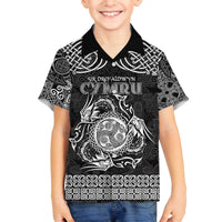 Personalized Montgomeryshire Sir Drefaldwyn Family Matching Off The Shoulder Long Sleeve Dress and Hawaiian Shirt Black Water Triskele Celtic-inspired - Wonder Print Shop