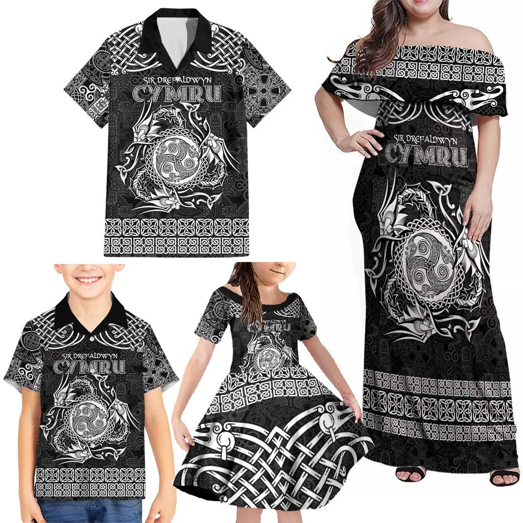 Personalized Montgomeryshire Sir Drefaldwyn Family Matching Off Shoulder Maxi Dress and Hawaiian Shirt Black Water Triskele Celtic-inspired - Wonder Print Shop