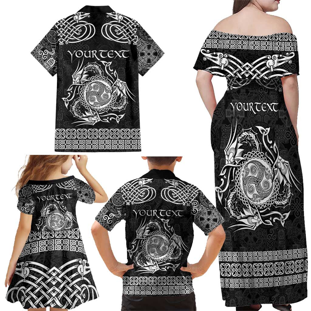 Personalized Montgomeryshire Sir Drefaldwyn Family Matching Off Shoulder Maxi Dress and Hawaiian Shirt Black Water Triskele Celtic-inspired - Wonder Print Shop