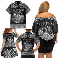Personalized Montgomeryshire Sir Drefaldwyn Family Matching Off Shoulder Short Dress and Hawaiian Shirt Black Water Triskele Celtic-inspired - Wonder Print Shop