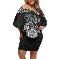 Personalized Montgomeryshire Sir Drefaldwyn Family Matching Off Shoulder Short Dress and Hawaiian Shirt Black Water Triskele Celtic-inspired - Wonder Print Shop
