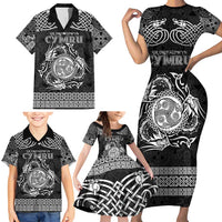 Personalized Montgomeryshire Sir Drefaldwyn Family Matching Short Sleeve Bodycon Dress and Hawaiian Shirt Black Water Triskele Celtic-inspired - Wonder Print Shop