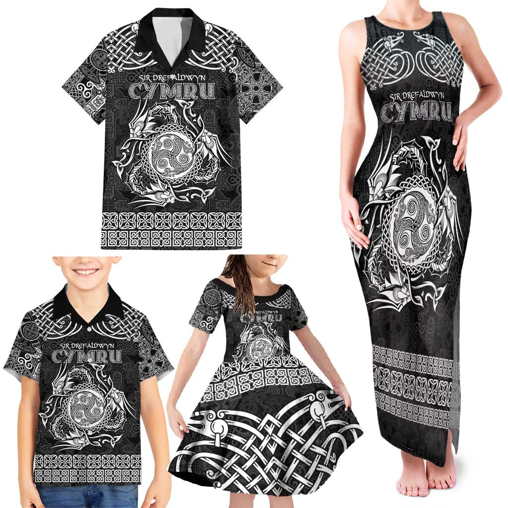 Personalized Montgomeryshire Sir Drefaldwyn Family Matching Tank Maxi Dress and Hawaiian Shirt Black Water Triskele Celtic-inspired - Wonder Print Shop