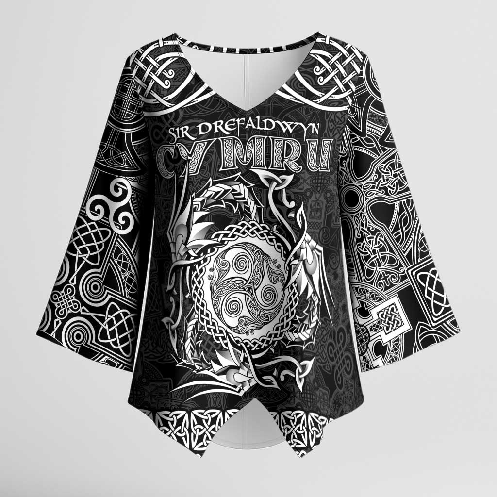 Personalized Montgomeryshire Sir Drefaldwyn Kimono Sleeve Blouse Black Water Triskele Celtic-inspired - Wonder Print Shop