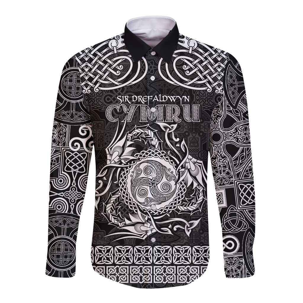 Personalized Montgomeryshire Sir Drefaldwyn Long Sleeve Button Shirt Black Water Triskele Celtic-inspired - Wonder Print Shop