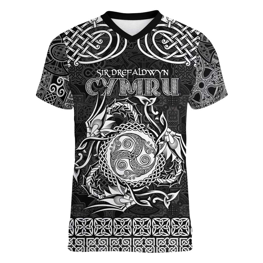 Personalized Montgomeryshire Sir Drefaldwyn Women V-Neck T-Shirt Black Water Triskele Celtic-inspired - Wonder Print Shop