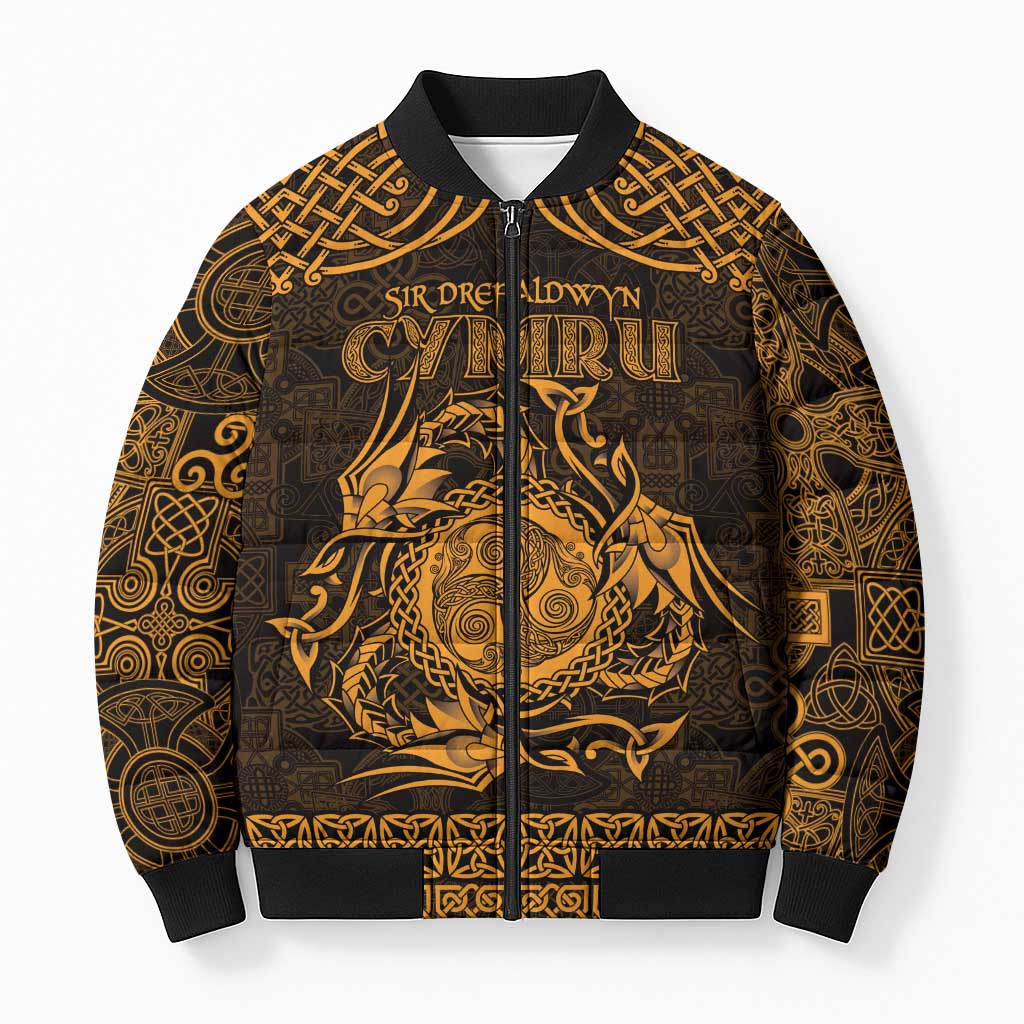 Personalized Montgomeryshire Sir Drefaldwyn Bomber Puffer Jacket Gold Water Triskele Celtic-inspired - Wonder Print Shop