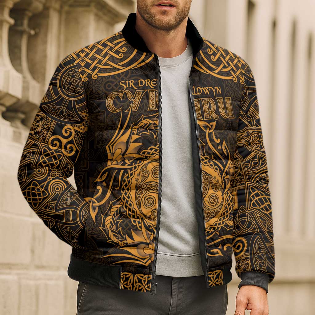 Personalized Montgomeryshire Sir Drefaldwyn Bomber Puffer Jacket Gold Water Triskele Celtic-inspired - Wonder Print Shop
