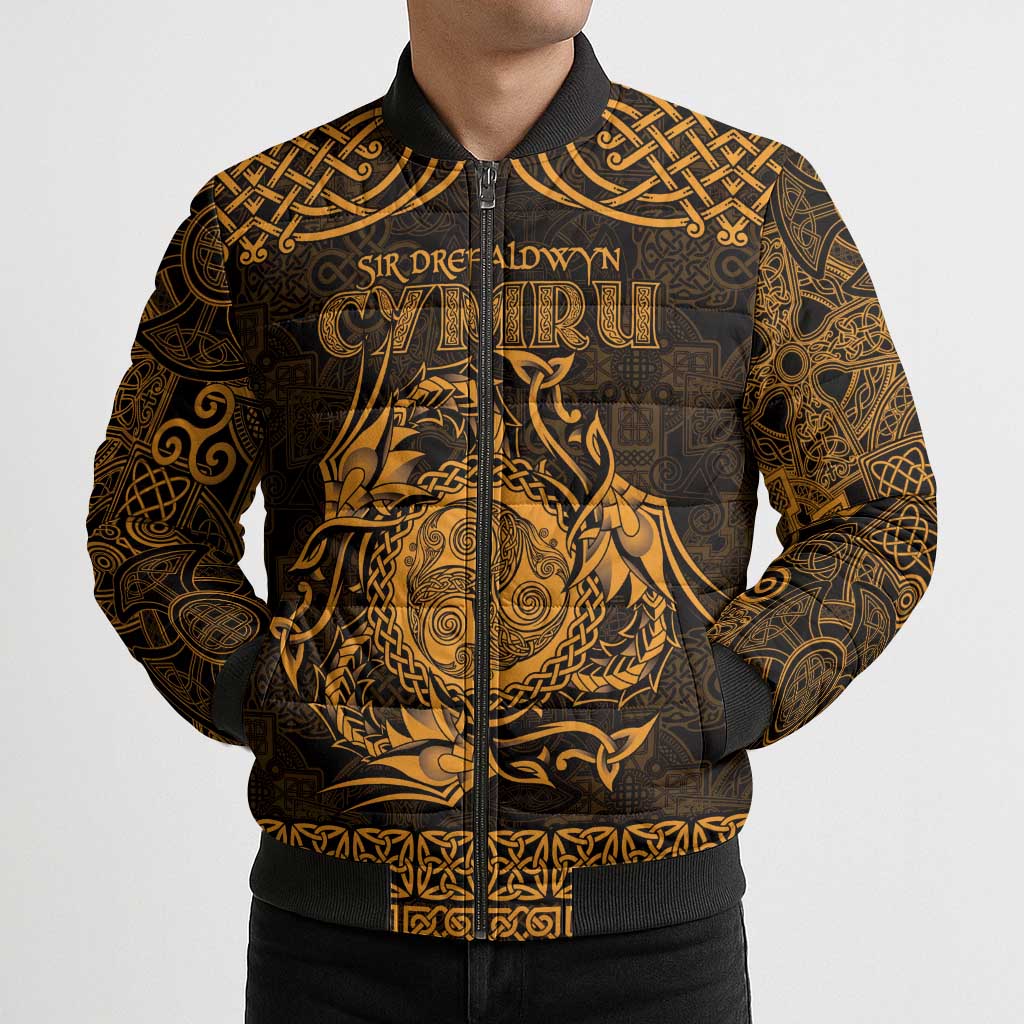 Personalized Montgomeryshire Sir Drefaldwyn Bomber Puffer Jacket Gold Water Triskele Celtic-inspired - Wonder Print Shop