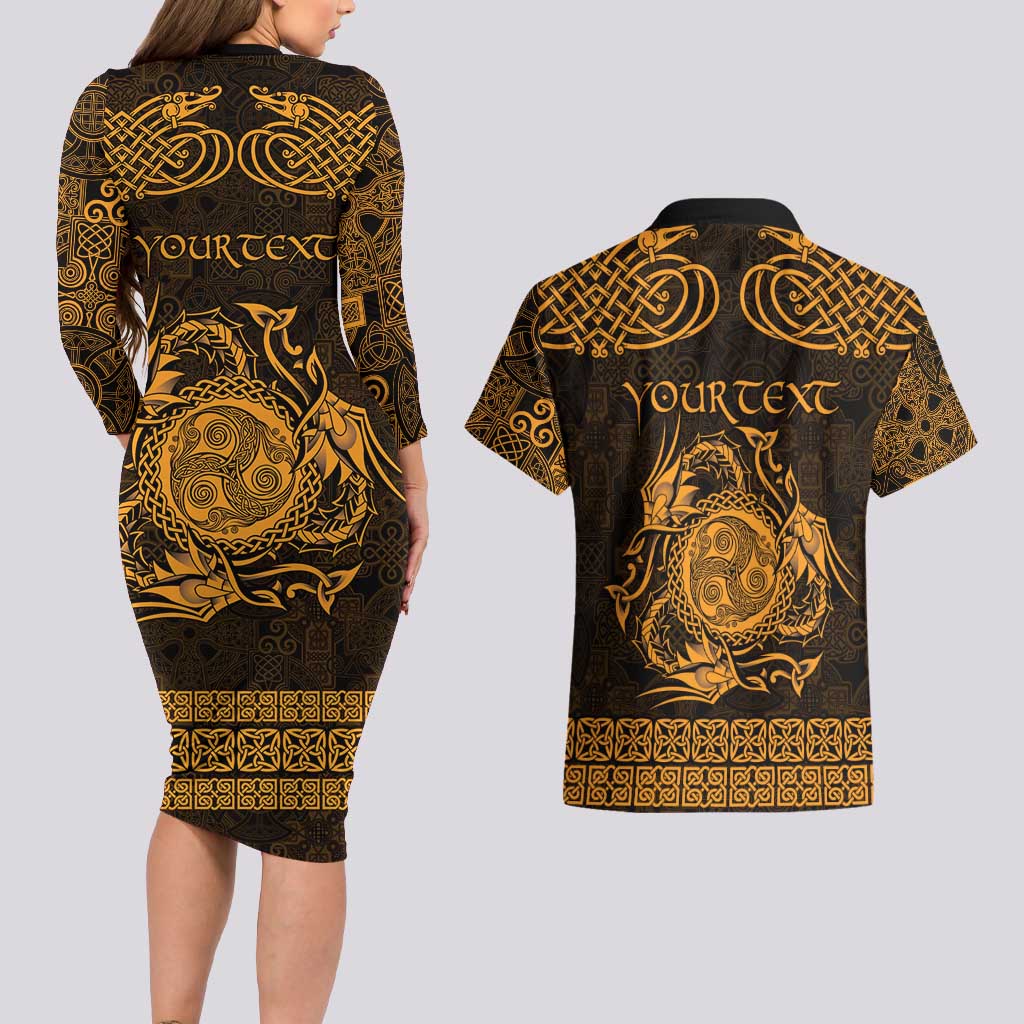 Personalized Montgomeryshire Sir Drefaldwyn Couples Matching Long Sleeve Bodycon Dress and Hawaiian Shirt Gold Water Triskele Celtic-inspired - Wonder Print Shop
