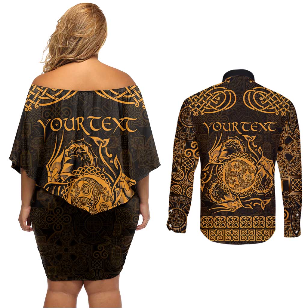 Personalized Montgomeryshire Sir Drefaldwyn Couples Matching Off Shoulder Short Dress and Long Sleeve Button Shirt Gold Water Triskele Celtic-inspired - Wonder Print Shop