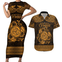 Personalized Montgomeryshire Sir Drefaldwyn Couples Matching Short Sleeve Bodycon Dress and Hawaiian Shirt Gold Water Triskele Celtic-inspired - Wonder Print Shop