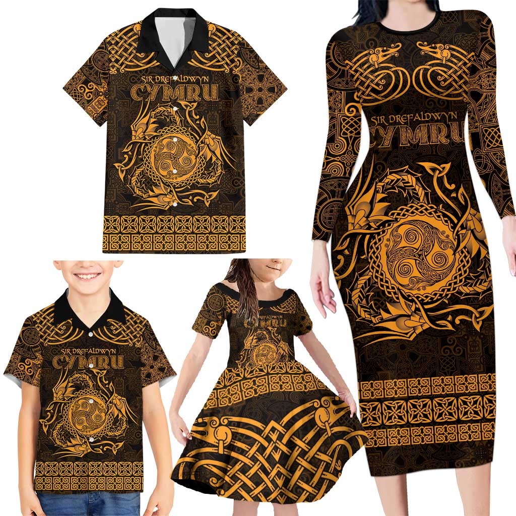 Personalized Montgomeryshire Sir Drefaldwyn Family Matching Long Sleeve Bodycon Dress and Hawaiian Shirt Gold Water Triskele Celtic-inspired - Wonder Print Shop