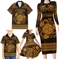 Personalized Montgomeryshire Sir Drefaldwyn Family Matching Long Sleeve Bodycon Dress and Hawaiian Shirt Gold Water Triskele Celtic-inspired - Wonder Print Shop