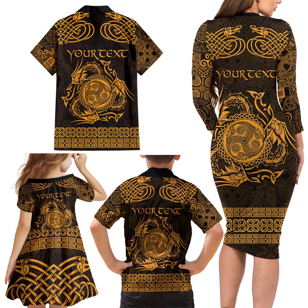 Personalized Montgomeryshire Sir Drefaldwyn Family Matching Long Sleeve Bodycon Dress and Hawaiian Shirt Gold Water Triskele Celtic-inspired - Wonder Print Shop
