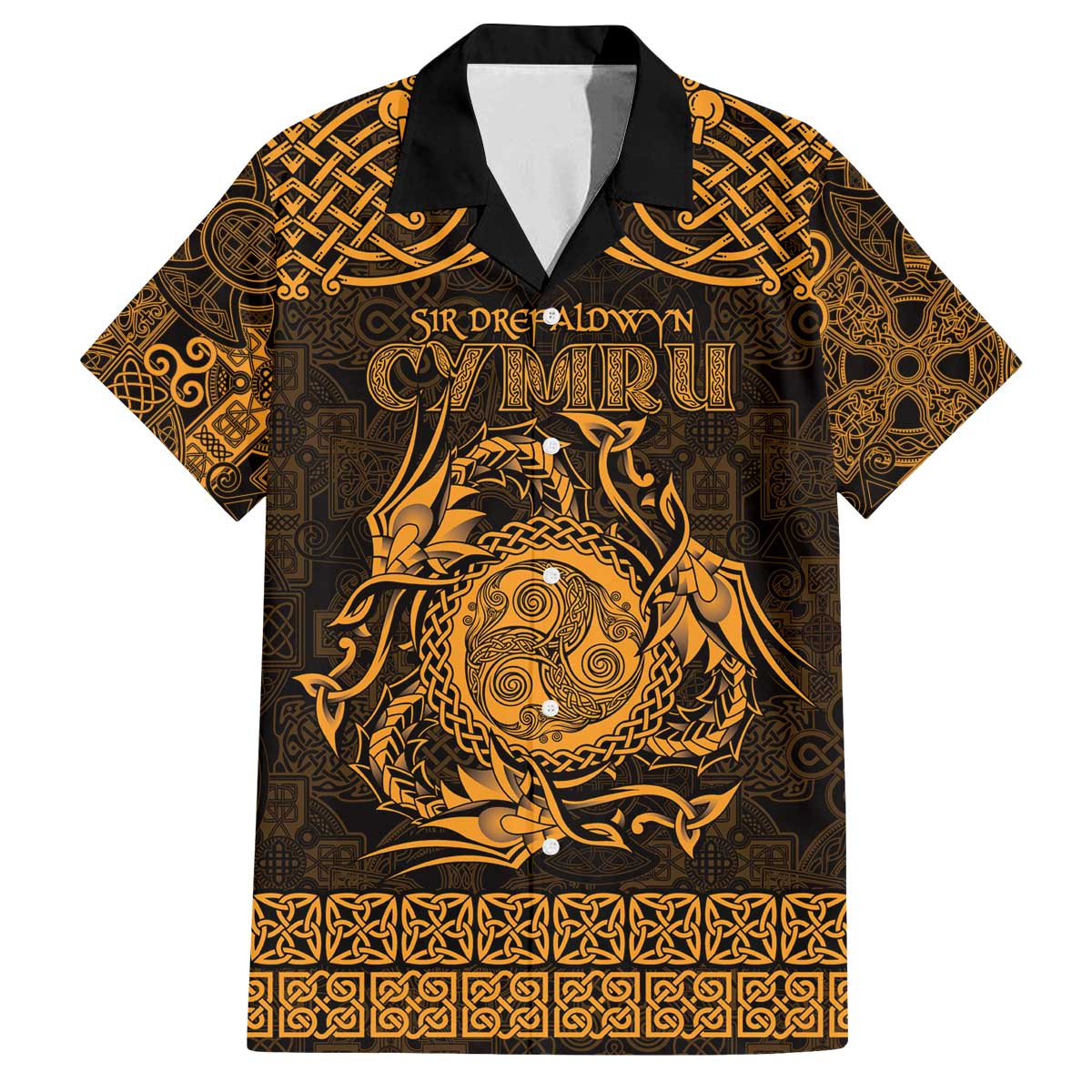 Personalized Montgomeryshire Sir Drefaldwyn Family Matching Off The Shoulder Long Sleeve Dress and Hawaiian Shirt Gold Water Triskele Celtic-inspired - Wonder Print Shop