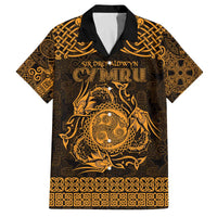 Personalized Montgomeryshire Sir Drefaldwyn Family Matching Off The Shoulder Long Sleeve Dress and Hawaiian Shirt Gold Water Triskele Celtic-inspired - Wonder Print Shop