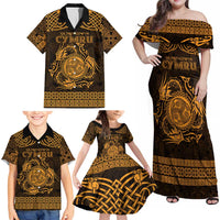 Personalized Montgomeryshire Sir Drefaldwyn Family Matching Off Shoulder Maxi Dress and Hawaiian Shirt Gold Water Triskele Celtic-inspired - Wonder Print Shop