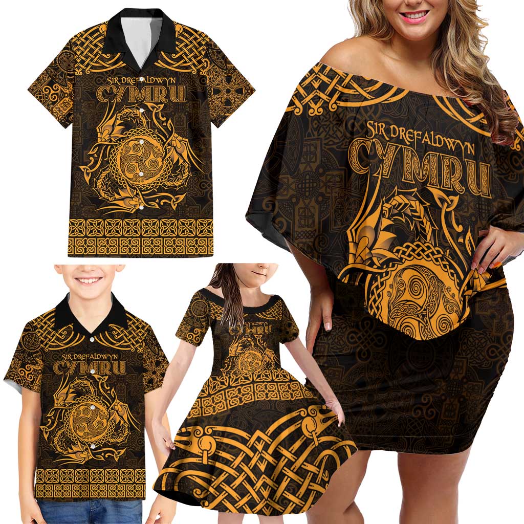 Personalized Montgomeryshire Sir Drefaldwyn Family Matching Off Shoulder Short Dress and Hawaiian Shirt Gold Water Triskele Celtic-inspired - Wonder Print Shop