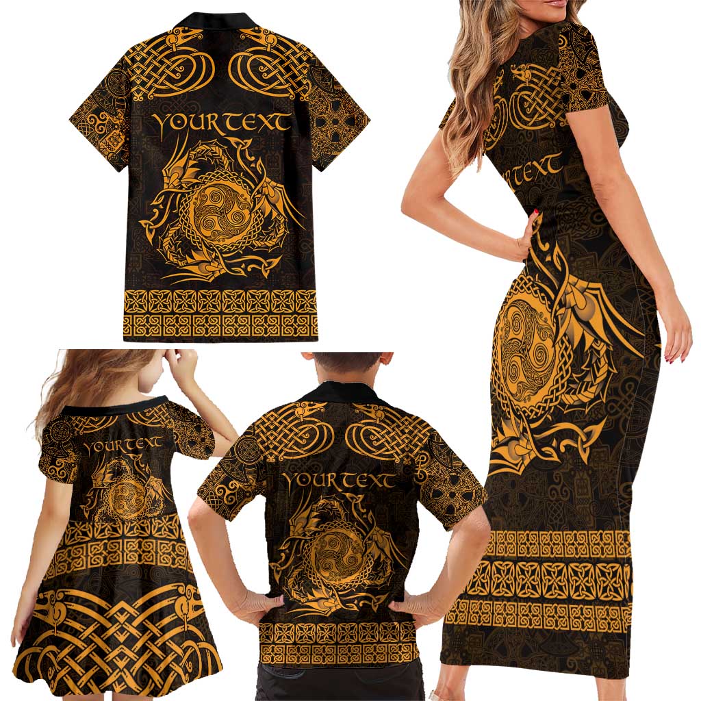 Personalized Montgomeryshire Sir Drefaldwyn Family Matching Short Sleeve Bodycon Dress and Hawaiian Shirt Gold Water Triskele Celtic-inspired - Wonder Print Shop
