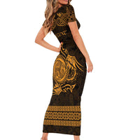 Personalized Montgomeryshire Sir Drefaldwyn Family Matching Short Sleeve Bodycon Dress and Hawaiian Shirt Gold Water Triskele Celtic-inspired - Wonder Print Shop