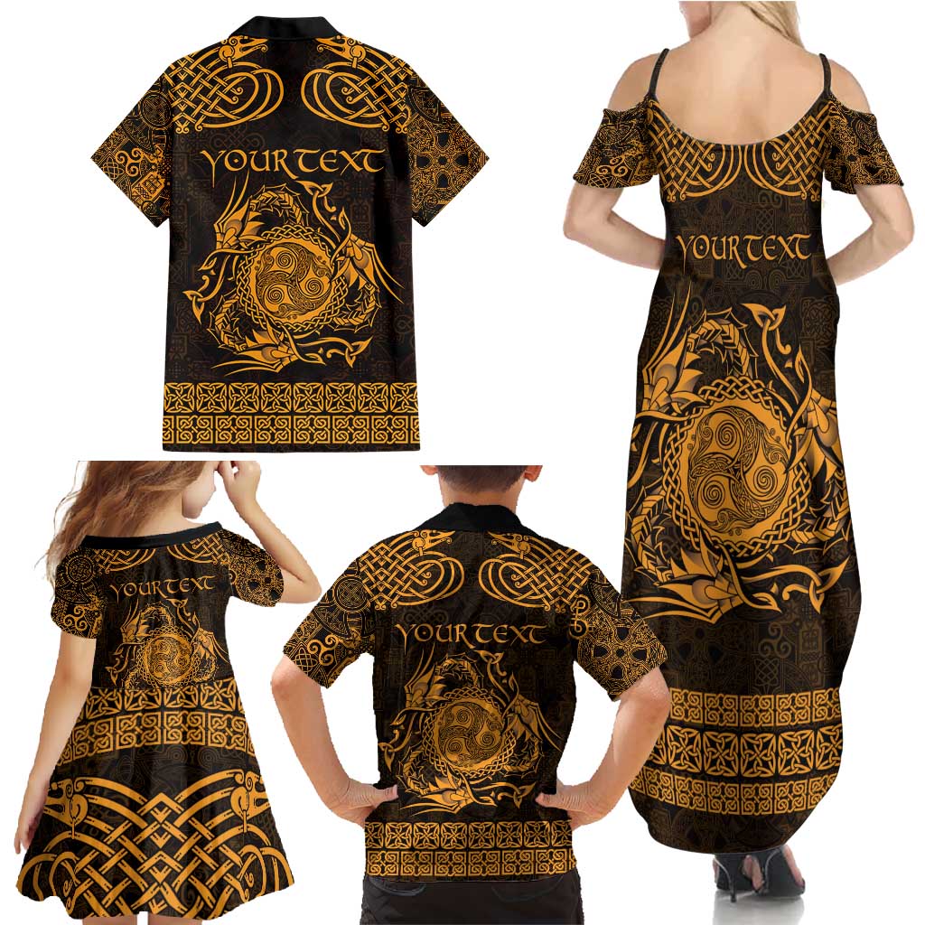 Personalized Montgomeryshire Sir Drefaldwyn Family Matching Summer Maxi Dress and Hawaiian Shirt Gold Water Triskele Celtic-inspired - Wonder Print Shop