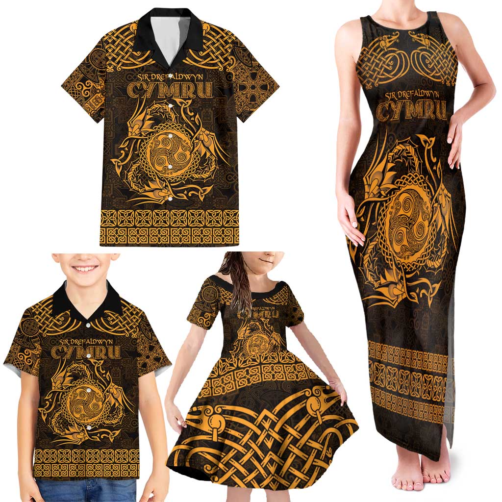Personalized Montgomeryshire Sir Drefaldwyn Family Matching Tank Maxi Dress and Hawaiian Shirt Gold Water Triskele Celtic-inspired - Wonder Print Shop