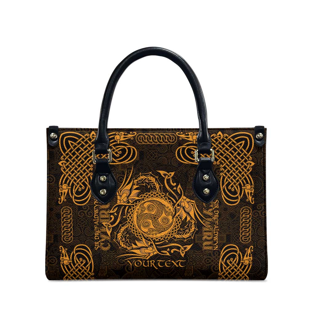Personalized Montgomeryshire Sir Drefaldwyn Leather Bag Gold Water Triskele Celtic-inspired - Wonder Print Shop