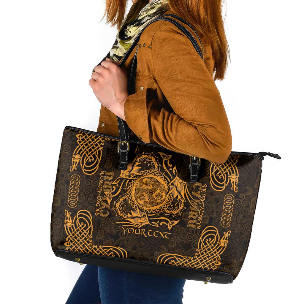 Personalized Montgomeryshire Sir Drefaldwyn Leather Tote Bag Gold Water Triskele Celtic-inspired - Wonder Print Shop