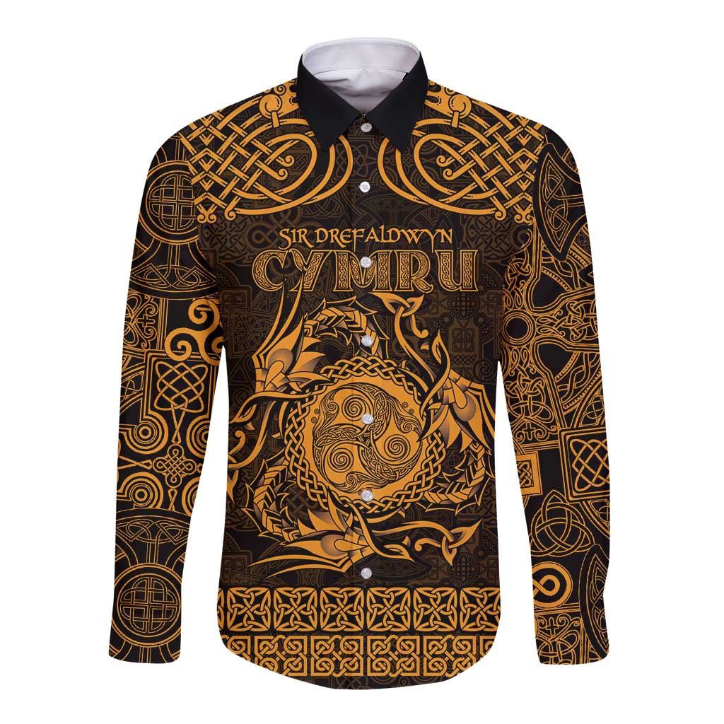 Personalized Montgomeryshire Sir Drefaldwyn Long Sleeve Button Shirt Gold Water Triskele Celtic-inspired - Wonder Print Shop