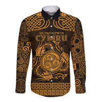 Personalized Montgomeryshire Sir Drefaldwyn Long Sleeve Button Shirt Gold Water Triskele Celtic-inspired - Wonder Print Shop
