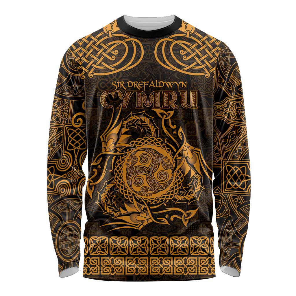 Personalized Montgomeryshire Sir Drefaldwyn Long Sleeve Shirt Gold Water Triskele Celtic-inspired - Wonder Print Shop