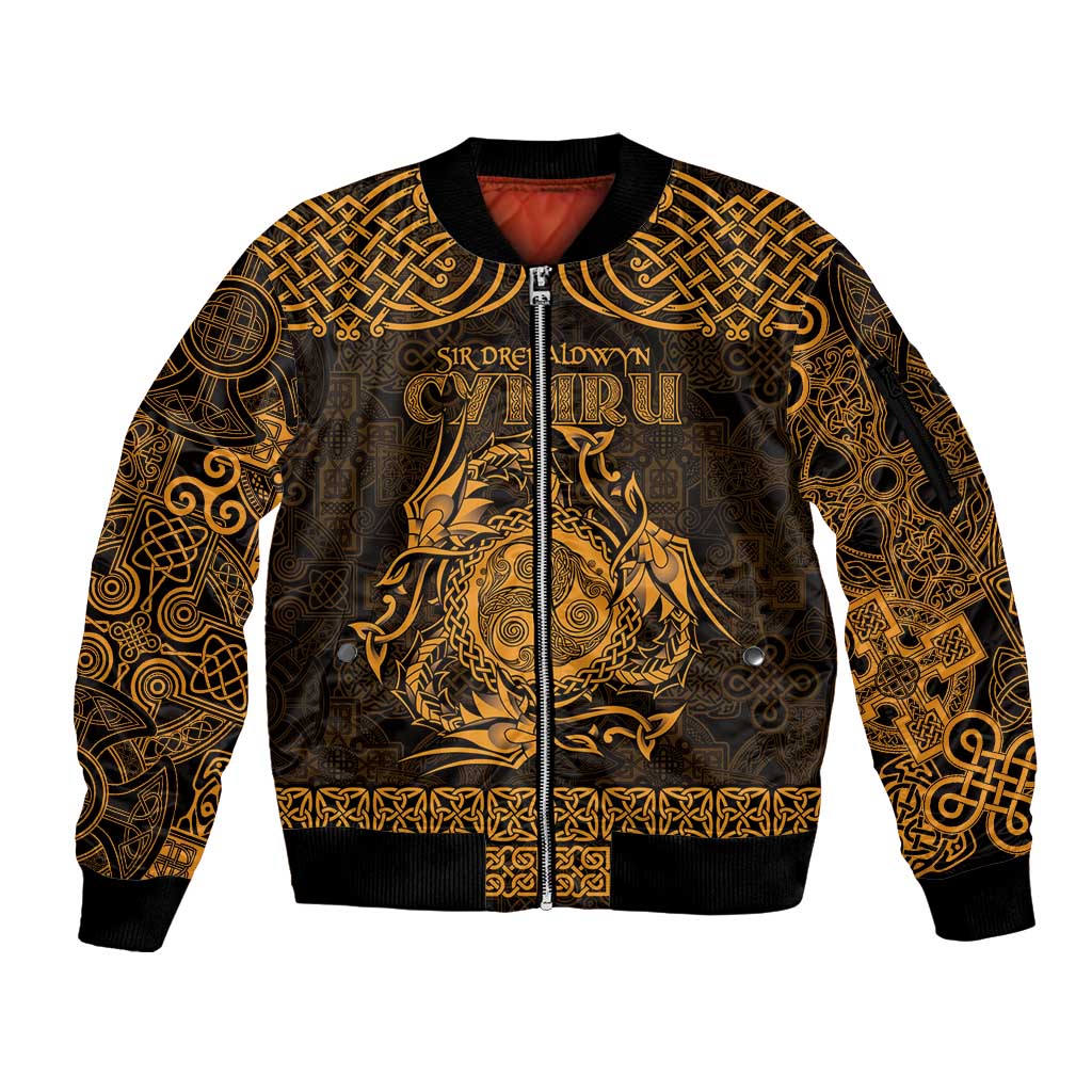 Personalized Montgomeryshire Sir Drefaldwyn Sleeve Zip Bomber Jacket Gold Water Triskele Celtic-inspired - Wonder Print Shop