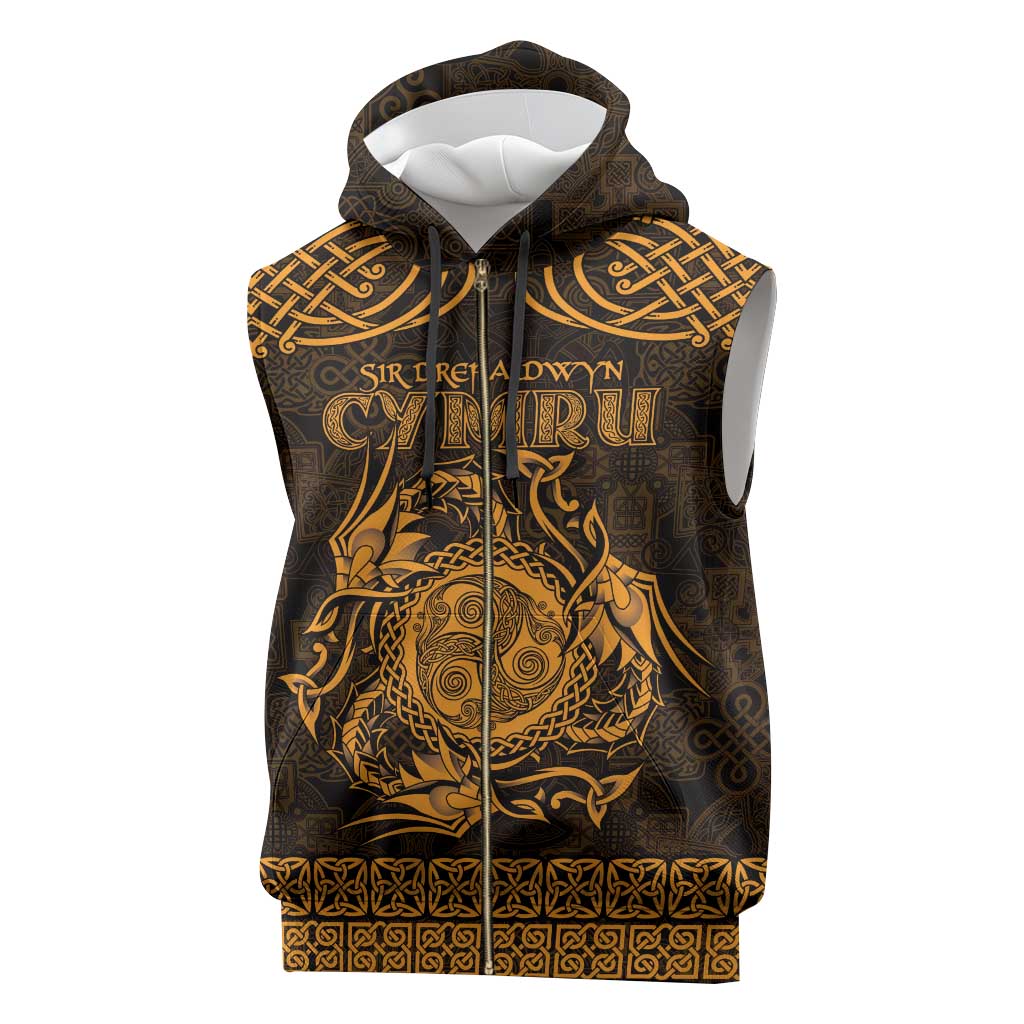 Personalized Montgomeryshire Sir Drefaldwyn Sleeveless Zip Hoodie Gold Water Triskele Celtic-inspired - Wonder Print Shop