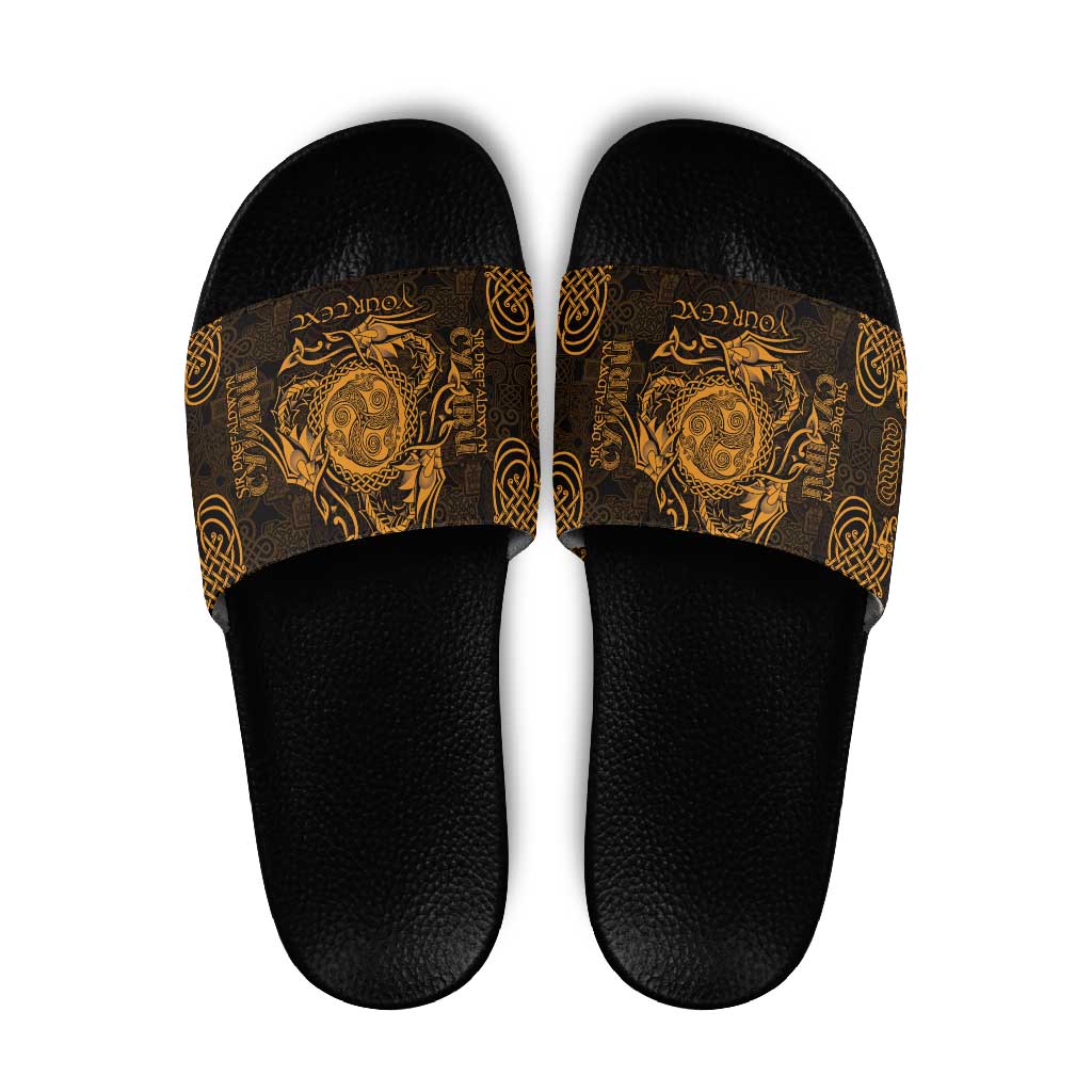 Personalized Montgomeryshire Sir Drefaldwyn Slide Sandals Gold Water Triskele Celtic-inspired - Wonder Print Shop
