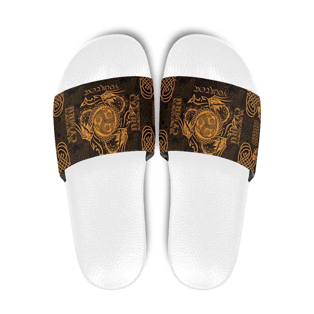 Personalized Montgomeryshire Sir Drefaldwyn Slide Sandals Gold Water Triskele Celtic-inspired - Wonder Print Shop