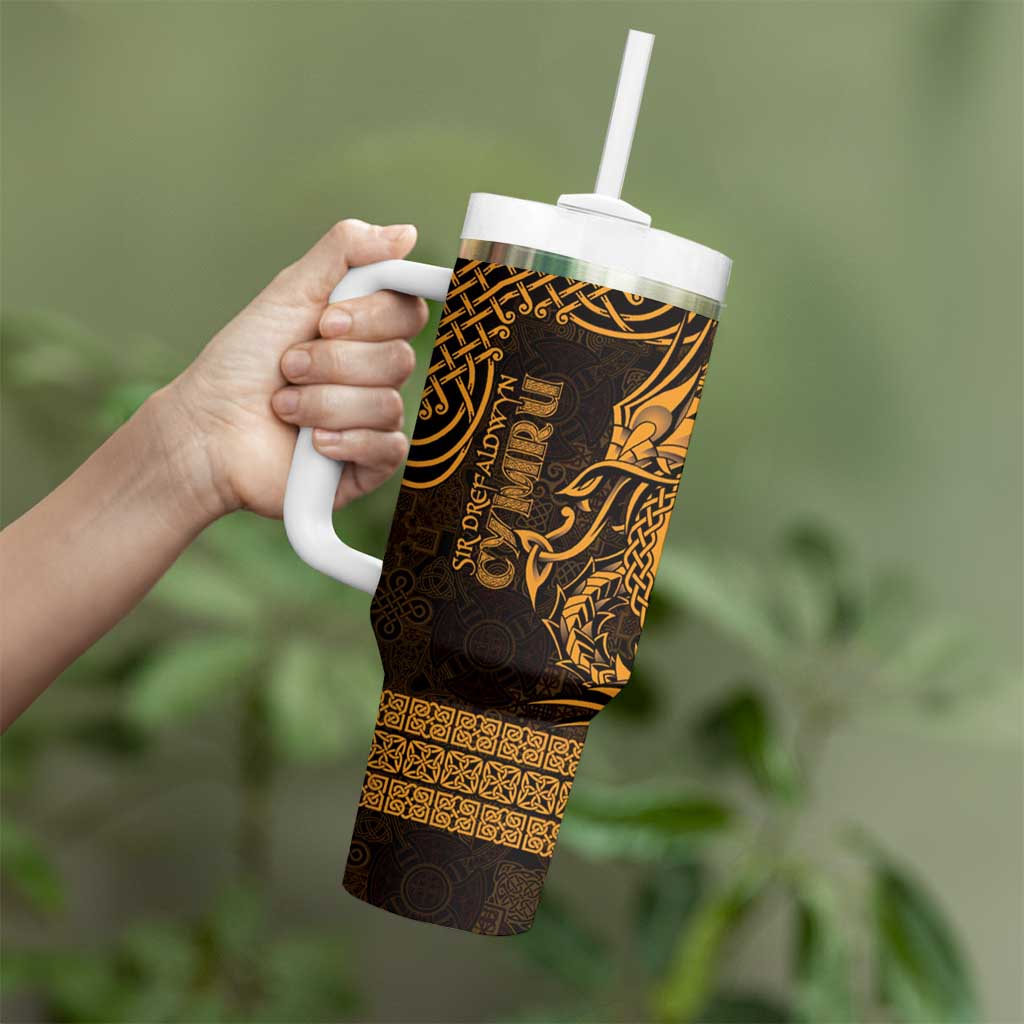 Personalized Montgomeryshire Sir Drefaldwyn Tumbler With Handle Gold Water Triskele Celtic-inspired - Wonder Print Shop