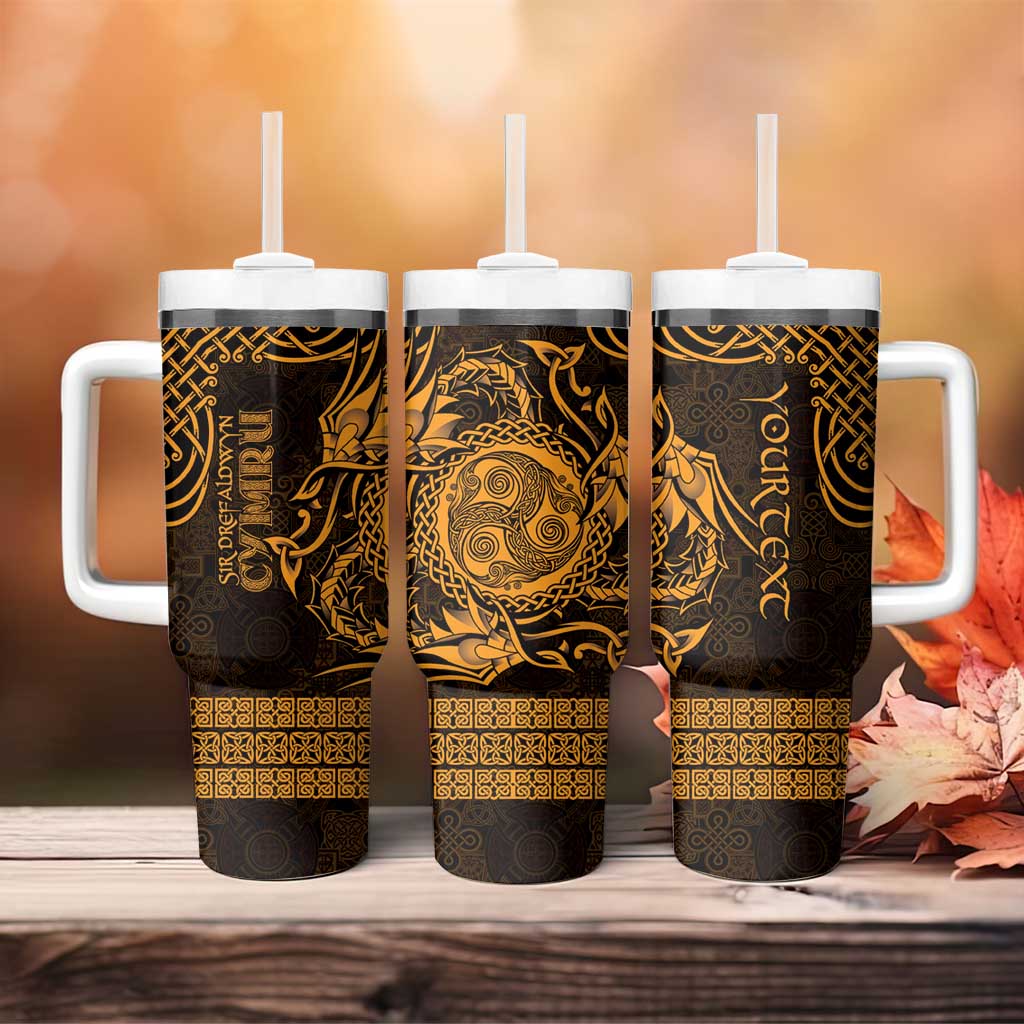 Personalized Montgomeryshire Sir Drefaldwyn Tumbler With Handle Gold Water Triskele Celtic-inspired - Wonder Print Shop