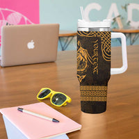 Personalized Montgomeryshire Sir Drefaldwyn Tumbler With Handle Gold Water Triskele Celtic-inspired - Wonder Print Shop