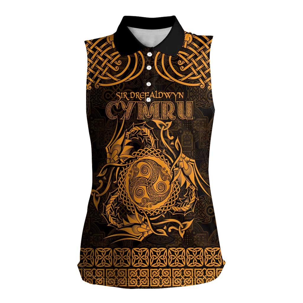 Personalized Montgomeryshire Sir Drefaldwyn Women Sleeveless Polo Shirt Gold Water Triskele Celtic-inspired - Wonder Print Shop