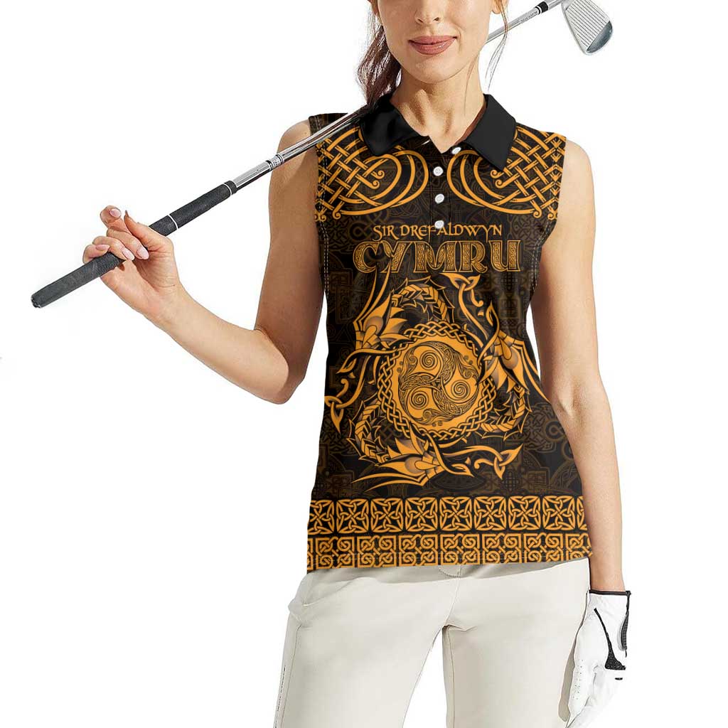 Personalized Montgomeryshire Sir Drefaldwyn Women Sleeveless Polo Shirt Gold Water Triskele Celtic-inspired - Wonder Print Shop