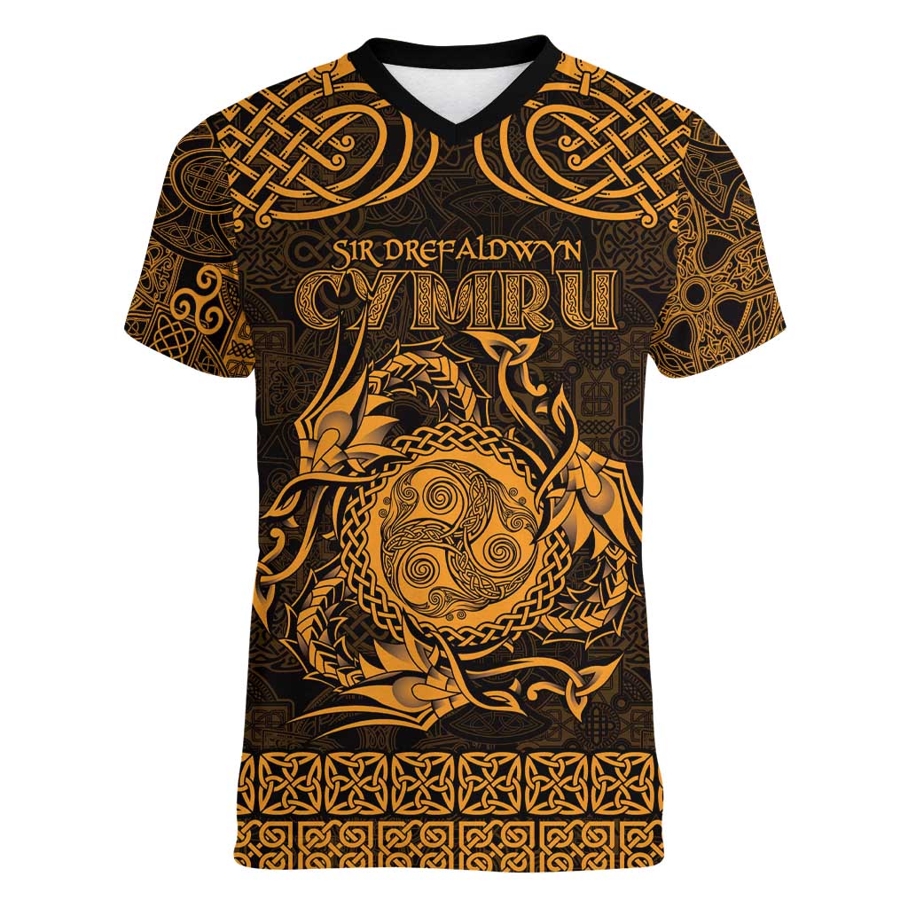 Personalized Montgomeryshire Sir Drefaldwyn Women V-Neck T-Shirt Gold Water Triskele Celtic-inspired - Wonder Print Shop