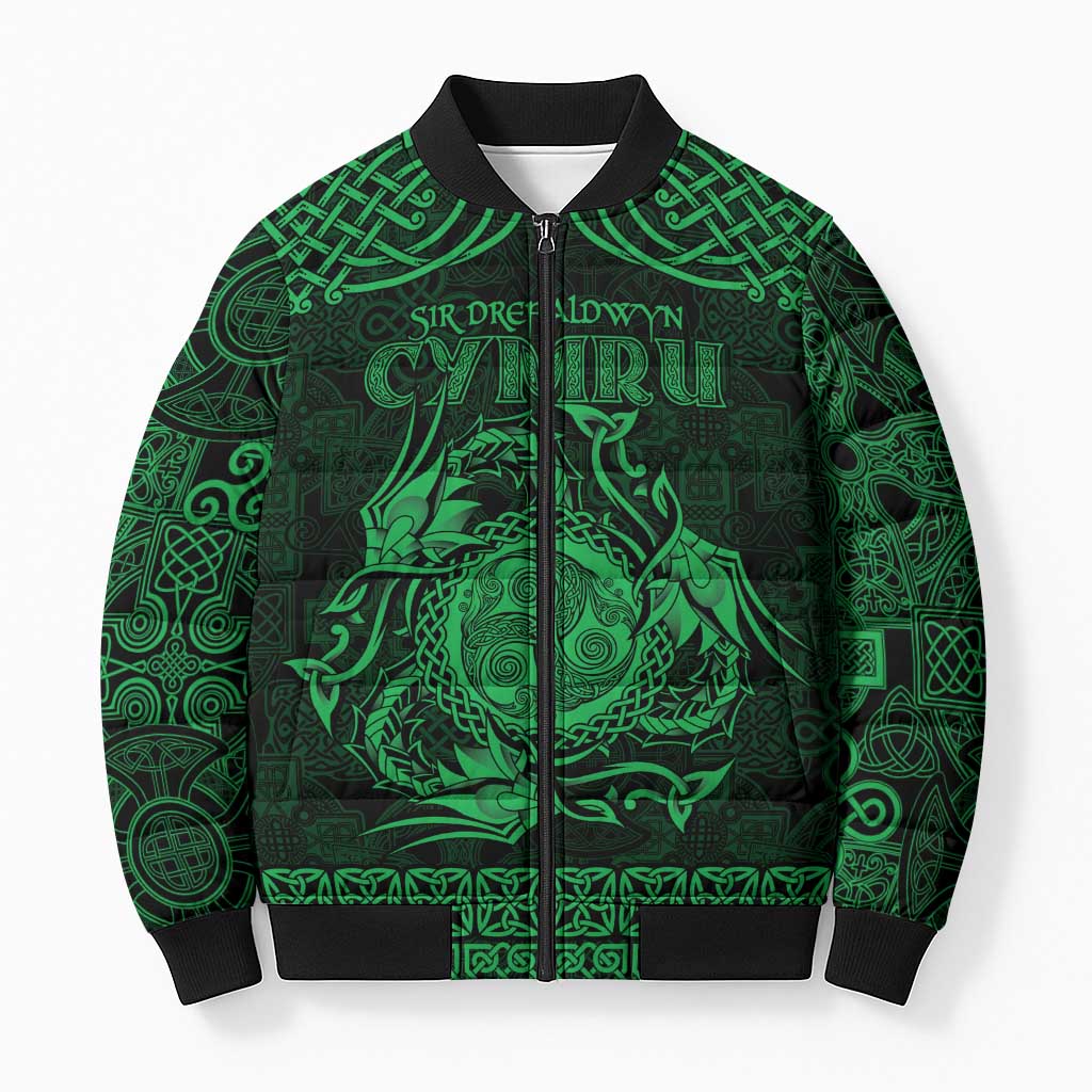 Personalized Montgomeryshire Sir Drefaldwyn Bomber Puffer Jacket Green Water Triskele Celtic-inspired - Wonder Print Shop
