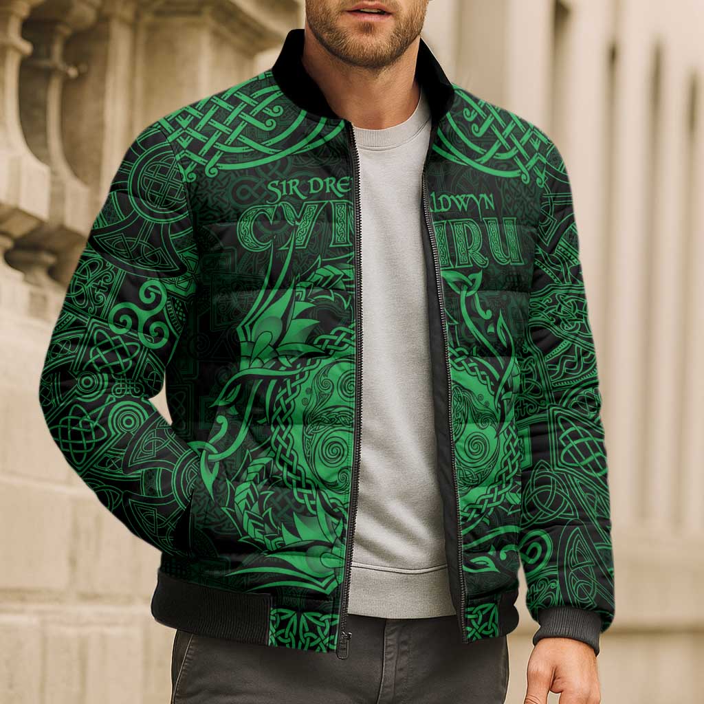 Personalized Montgomeryshire Sir Drefaldwyn Bomber Puffer Jacket Green Water Triskele Celtic-inspired - Wonder Print Shop