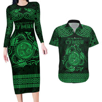 Personalized Montgomeryshire Sir Drefaldwyn Couples Matching Long Sleeve Bodycon Dress and Hawaiian Shirt Green Water Triskele Celtic-inspired - Wonder Print Shop